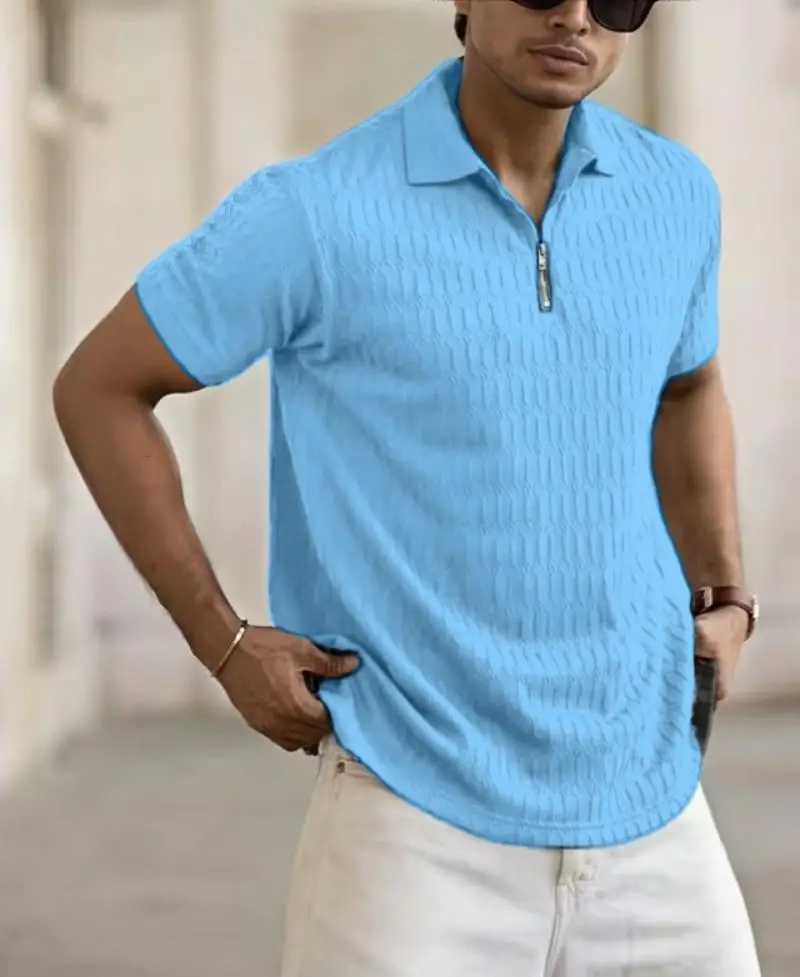 Summer Mens Short-Sleeved POLO Shirt Elastic Breathable Mens T-Shirt Fashionable Solid Color Zipper Outdoor Sports POLO Shirt W250616