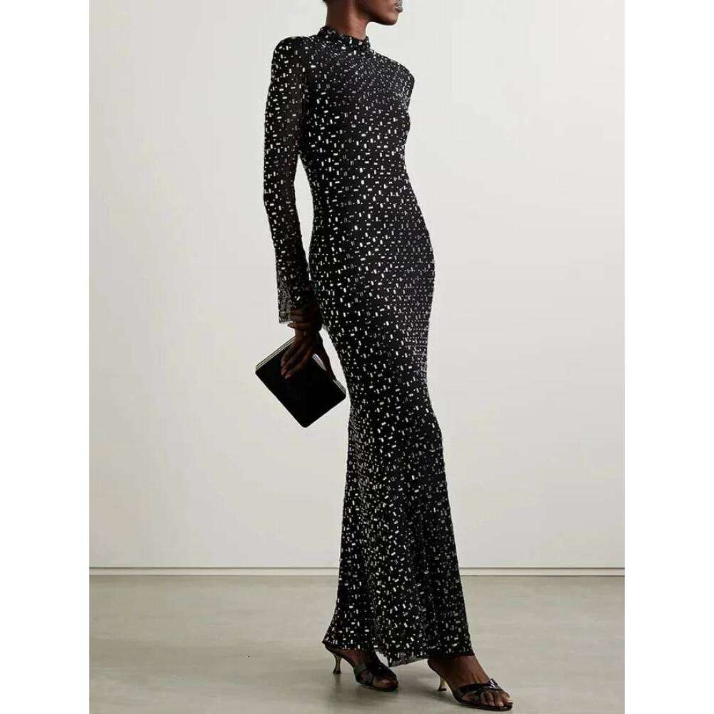 Sexy Turtleneck Sleeve Mesh Crystal Dia Long Dress Women Black Bright Rhinestone Beads Slim Dresses Evening Party Gowns