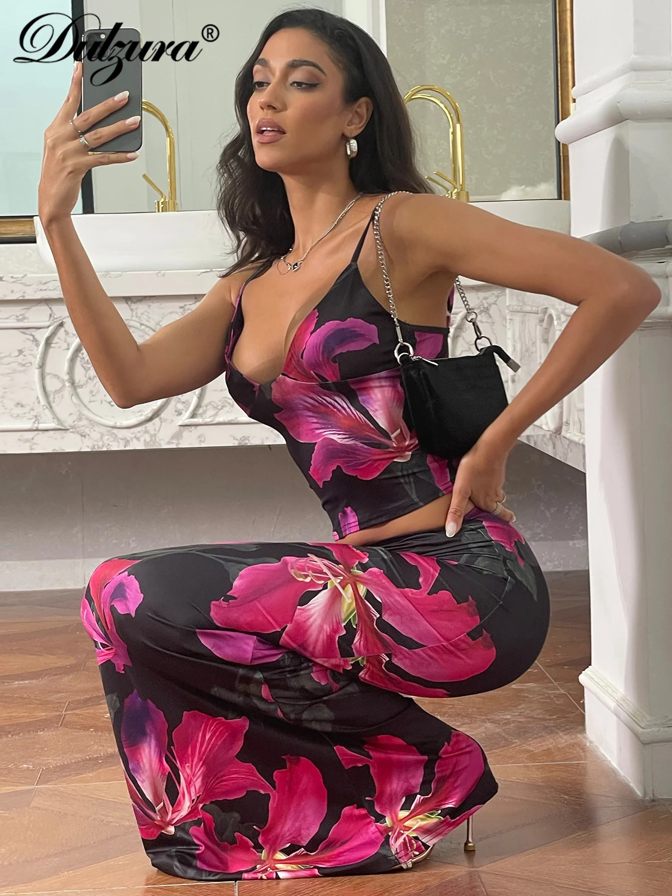 Dulzura Sexy Matching Suit Floral Print Tops Camisole Midi Skirt Dress Sets Women Outfits Y2K Clothes Lady Party Club Streetwear 250609