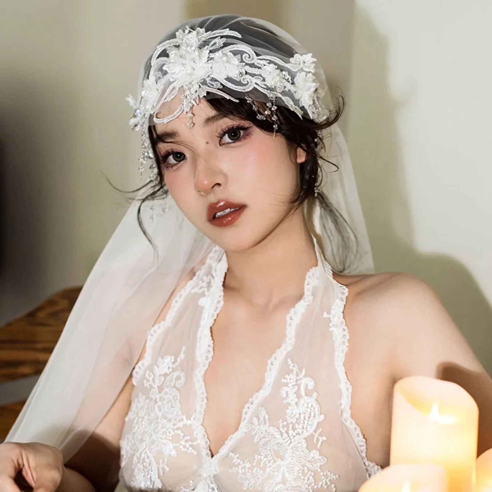 Lace Head Covering Veils White Flower Hairband For Women Bridal Wedding Hair Accessories Sweet Crystal Tassel Tiaras Jewelry 250610