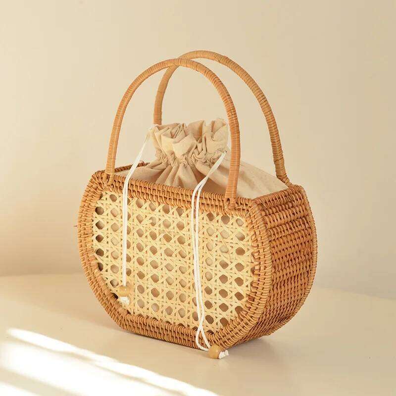 Casual Hollow Rattan Basket Bags Wicker Woven Women Handbags Handmade Summer Beach Straw Small Bucket Bag Bali Tote Purses