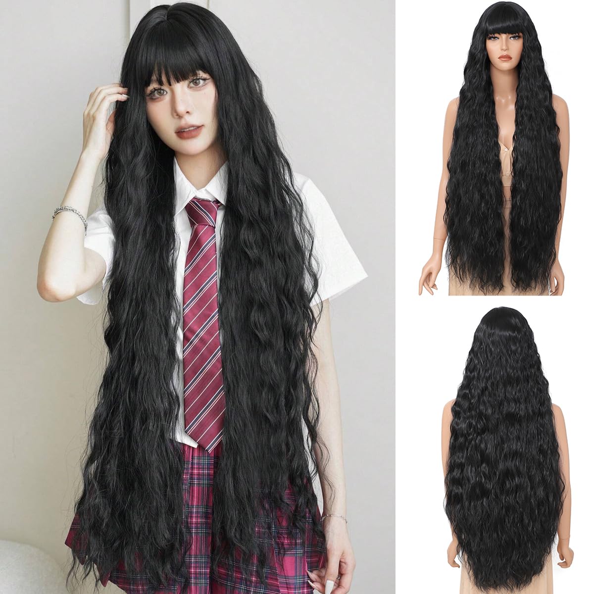 40 inch women's long wavy wig with bangs faux hair texture, natural appearance synthetic heat-resistant hair Bohemian wig for daily parties and H