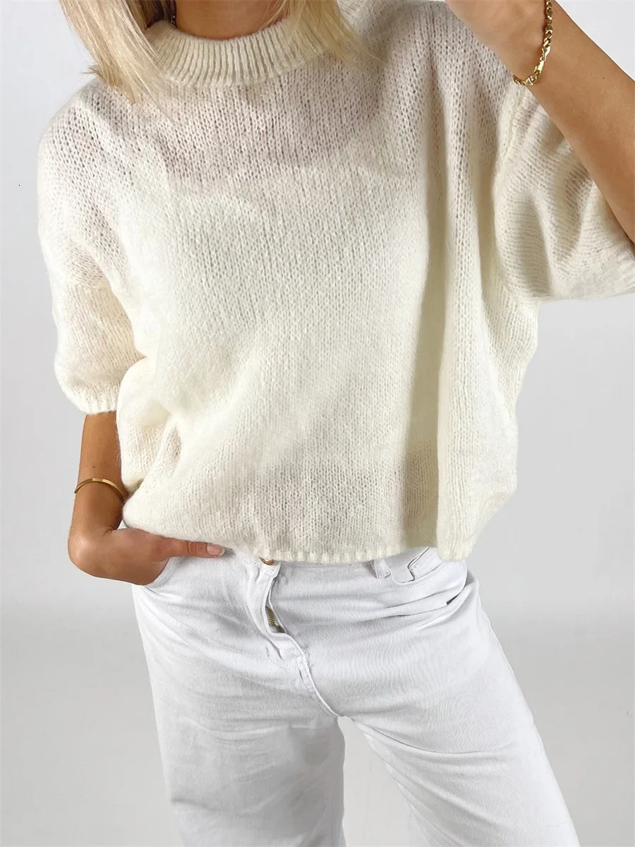 Womens Spring Autumn Knit Sweaters Half Sleeve O Neck Solid Color Casual Knitwear 250614