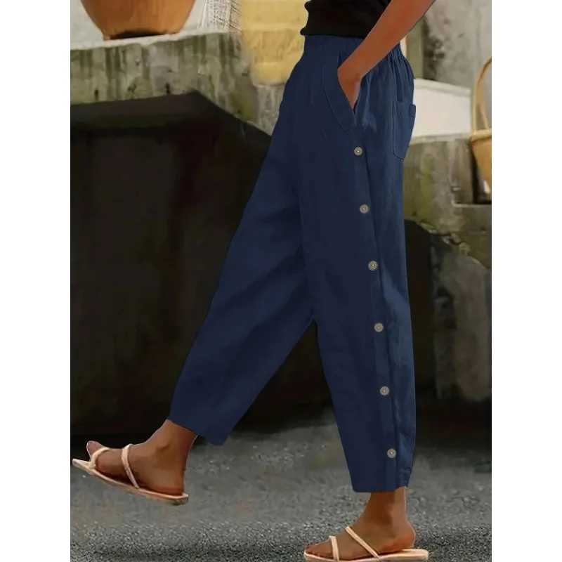 Plus Size 1XL-5XL Women Button Up Wide Leg Pants For Women Solid Color Cropped Cotton Pants Summer High Waist Baggy Sweat pantsXJ250616