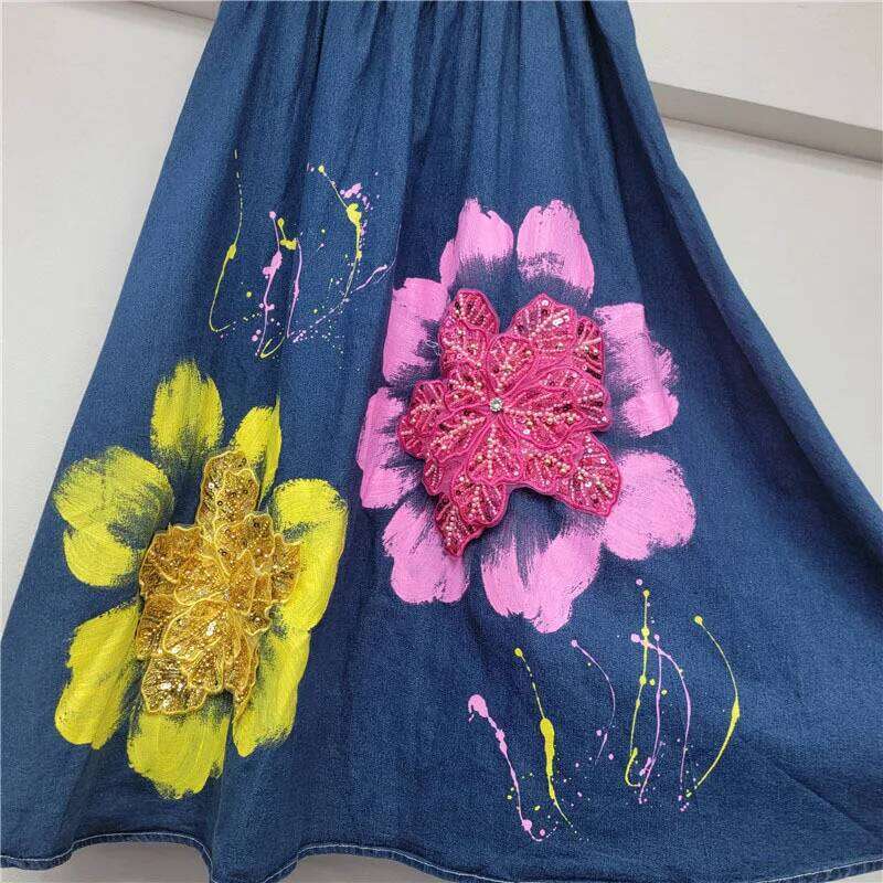 DEAT Fashion Women's Denim Two-pieces Set Loose Heavy Duty Letter Printed Sequins Flowers Coat Elastic Waist Skirts 11A04635