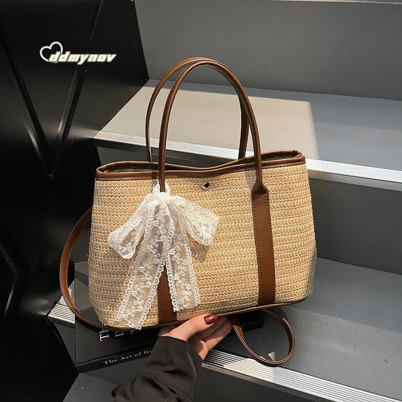 Korean INS Rainbow Straw Handbag for Women 2025 Summer Casual Vacation Style Color-Block Shoulder Crossbody Bag ddmynov ddmynov