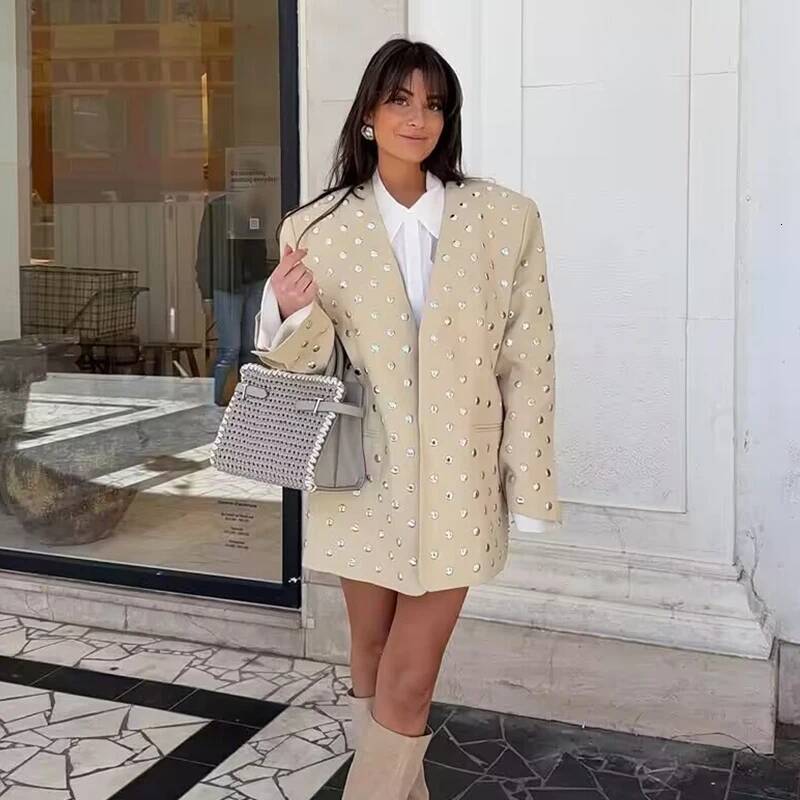 RAFZNB Fashion Rivet Decoration Casual Blazer For Women V-Neck Long Sleeve Coats Female Outerwear Tops