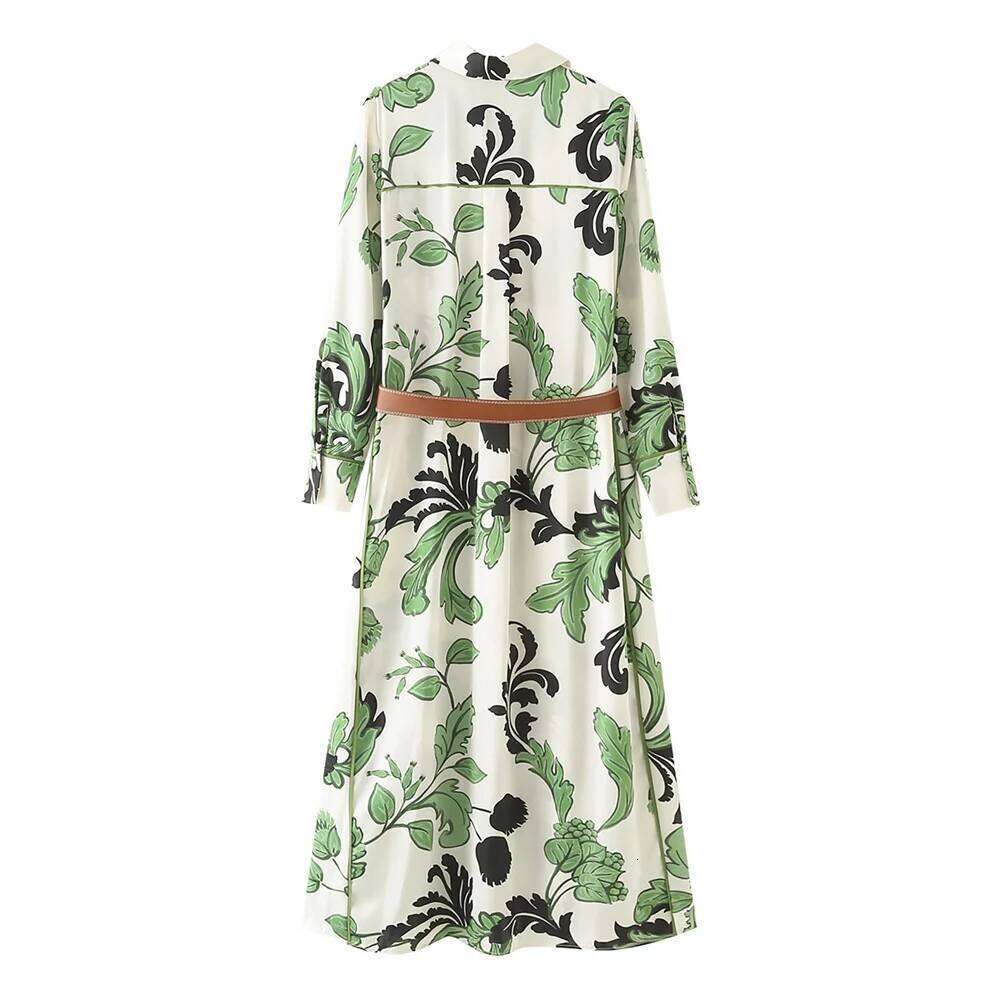 2025 Spring New Women's Casual Slim Flip Collar Long Sleeves With Belt Printed Shirt Style Dress