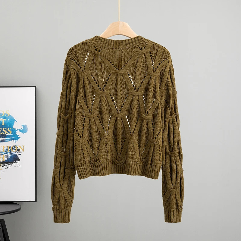 Womens Long Sleeve Top O Neck Knit Lady Autumn Spring Knitted Solid Hollow out Fashion pullover 250614