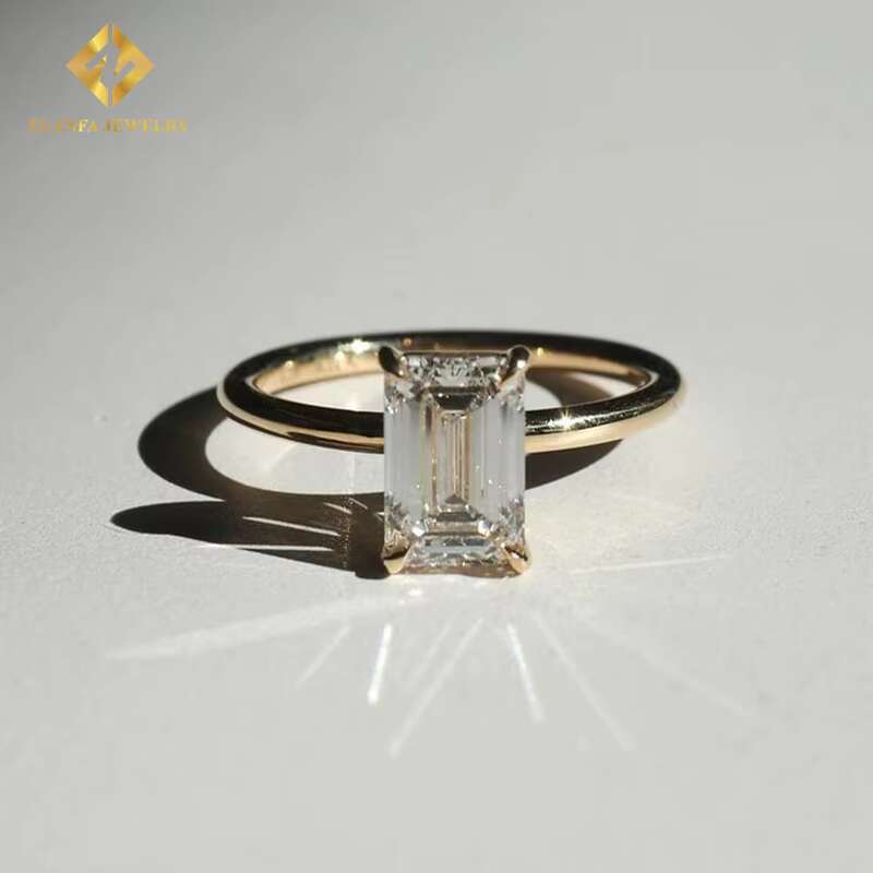 Emerald Cut Lab Diamonds Rings 10K Solid Gold Engagement Solitaire Diamonds Rings for Women