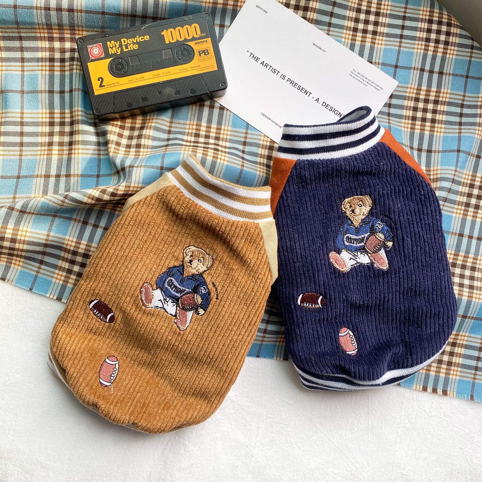 Dog Fleece Coat Sweater Winter Jacket for Small and Medium Dogs with Embroidered Teddy Bear Rugby Player Cold Weather Coat for Dogs Boy Girls M A554