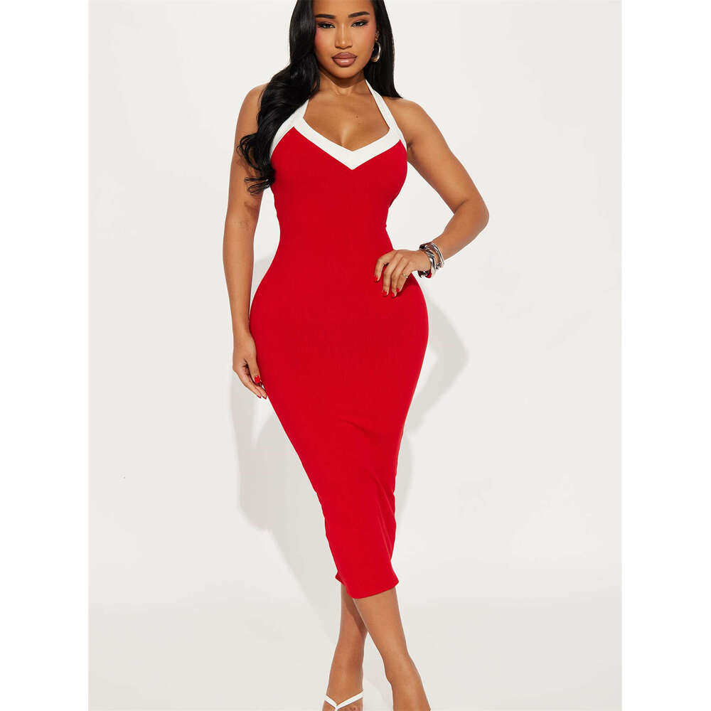 Summer New Women's Sexy Hot Girl Solid Color Halter Neck Backless Waist-Cinching Bodycon Dress B5