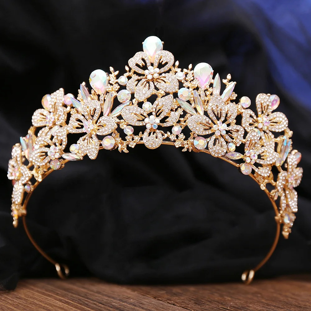 Exquisite Butterfly Floral AB Color Crystal Crown Rhinestone Princess Pageant Diadem Wedding Hair Accessories Tiaras Jewelry 250603