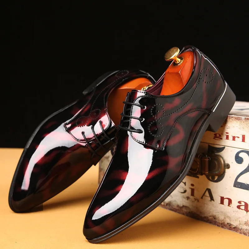 Men Fashion Red Sole Dance Club Derby Shoes For Man Business Dress Lace-Up Printed Patent Leather Mens Wedding Party Shoe 250613