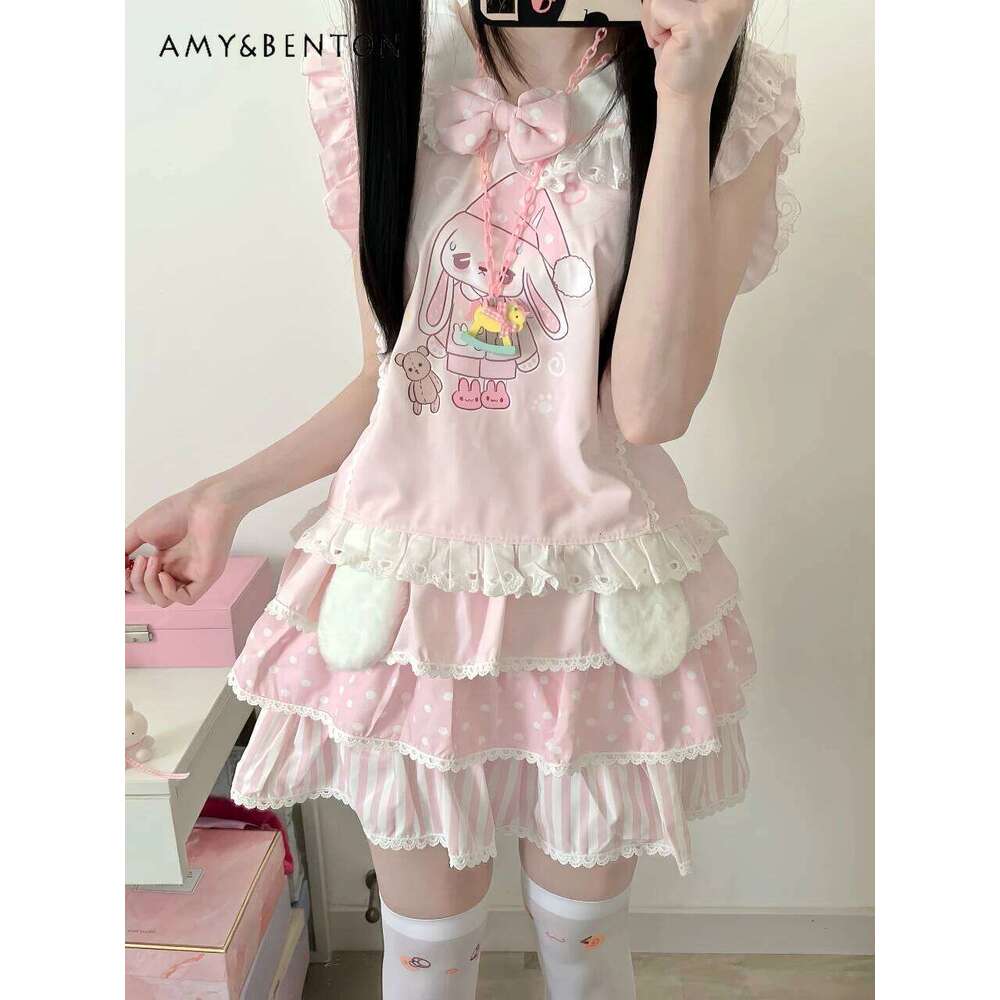 Kawaii Girl Sets Original Sweet Cute Cartoon Print Lace Navy Collar Sleeveless Top Multi-Layer Tutu Skirt Two-Piece Set