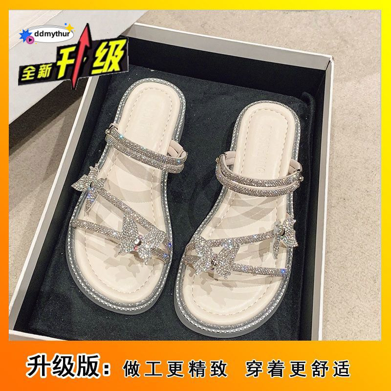 Rhinestone Decorated One-Strap Sandals French 2024 Summer New Outdoor Beach Two-Way Fairy Style Slippers Butterfly Trend ddmythur