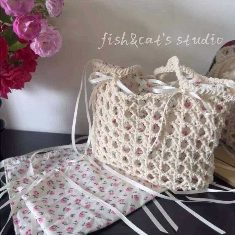 Fairycore Floral Straw Purse Women Summer Holiday Large Capacity Woven Handbag Ladies Retro Cute Beach Bag Aesthetic