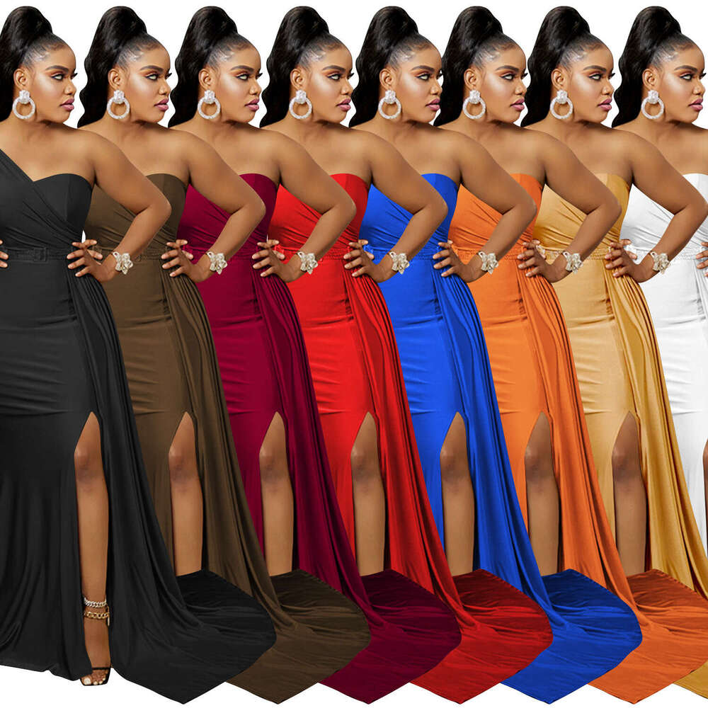 European and American Fashion Solid Color Party Bodycon One-Shoulder Sleeve Long Dress for Women 2025 New Elegant Unique Clothing