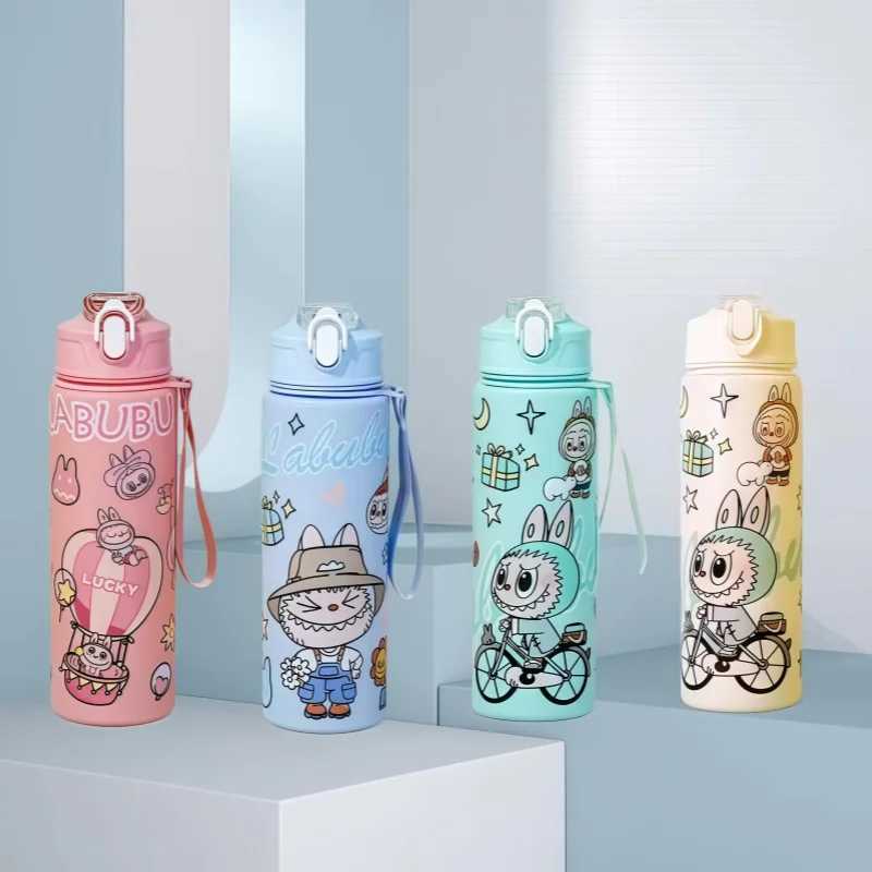 750ml Labubu Water Bottle With Straw Sippy Cup Leakproof Plastic Water Bottles For Outdoor Sports Camping Drink Cup XJ250616