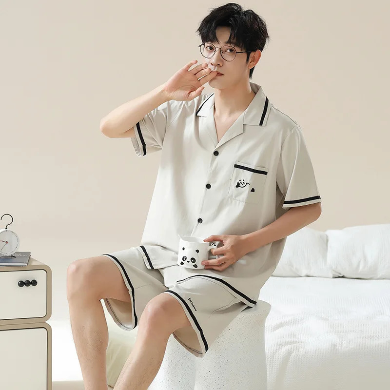 Modal Pajamas Mens Spring and Summer Shortsleeved Cardigan Simple Casual Can Be Worn Loose Youth Loungewear Suit 250614