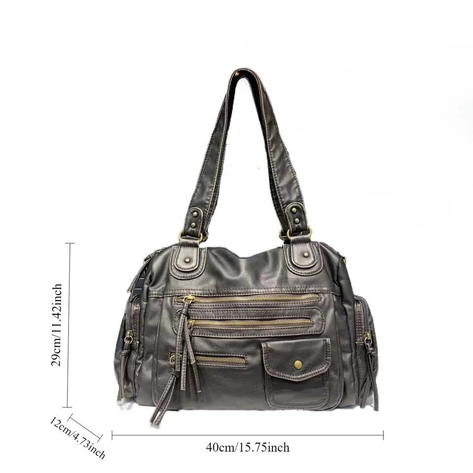 Y2K Girl Single Shoulder Crossbody Bag Vintage Washed Leather Motorcycle Bag Large Capacity Multi Pocket Bag 250609