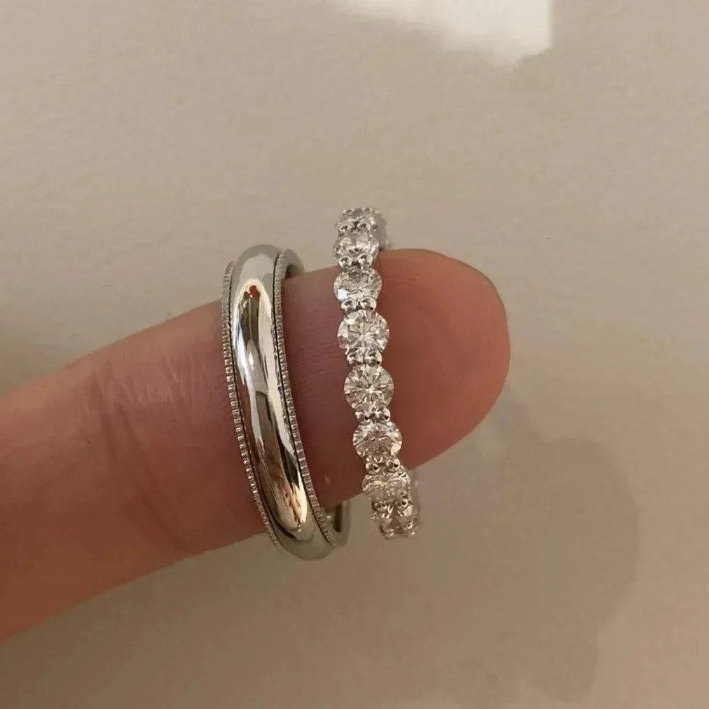 S925 Sterling Silver Simple Versatile Romantic Couple Marriage Proposal Ring Stacked Wearing Full Circle Diamond Men Diamond 250610