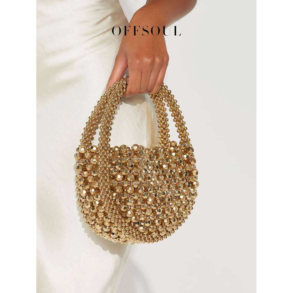 Hollow Hand-Made Metal Sense Gold Woven Half-Round String Beads Pearl Bag Round Handbag