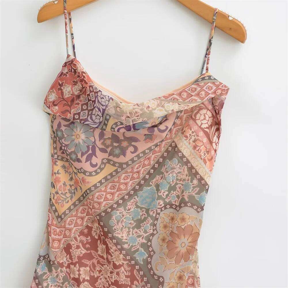 2025 Summer New Product Women's Fashion Style Slimming Bareback Contrast Printed Strap Dress