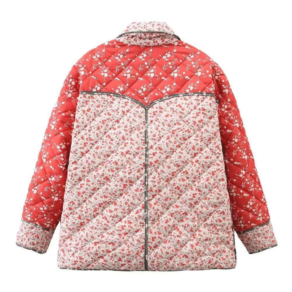 2024 Autumn New Product Women's Temperament Slimming Patchwork Printed Collar Long Sleeve Floral Cotton Jacket