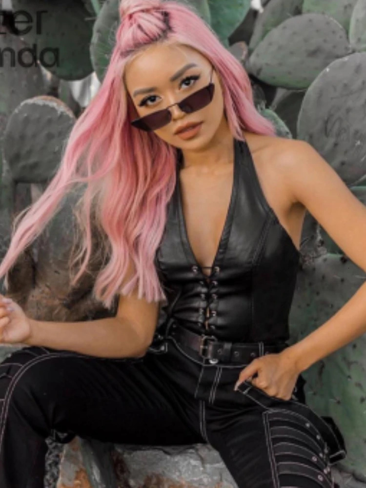 Sisterlinda Sexy Punk Y2K Black PU Leather Crop Top Womens Sleeveless Deep V Neck Backless Camisole Fashion Party Club Vests 250614