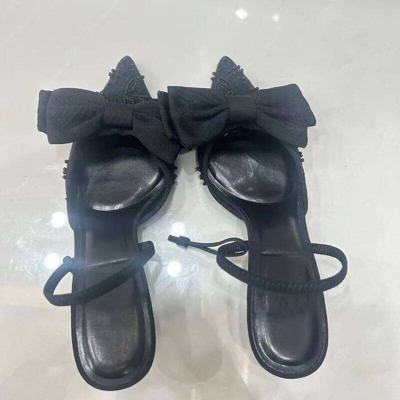 2025 Bowknot Women Pointed Sandals Black Mesh Designer Elegant Formal Footwear Charm Embroider High Heels Ladies Shoes