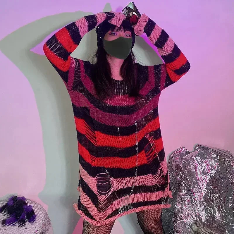 Purple Striped Gothic Sweaters Women Ripped Holes Loose Knitted Pullover Frayed Fairy Grunge Jumpers Emo Streetwear Lolita 250614