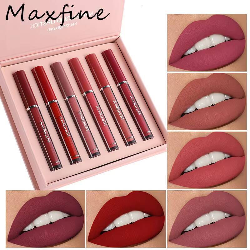 MAXFINE 6 pieces/set matte liquid lipstick set, fading non stick to cup gloss, waterproof and long-lasting lip gloss happy