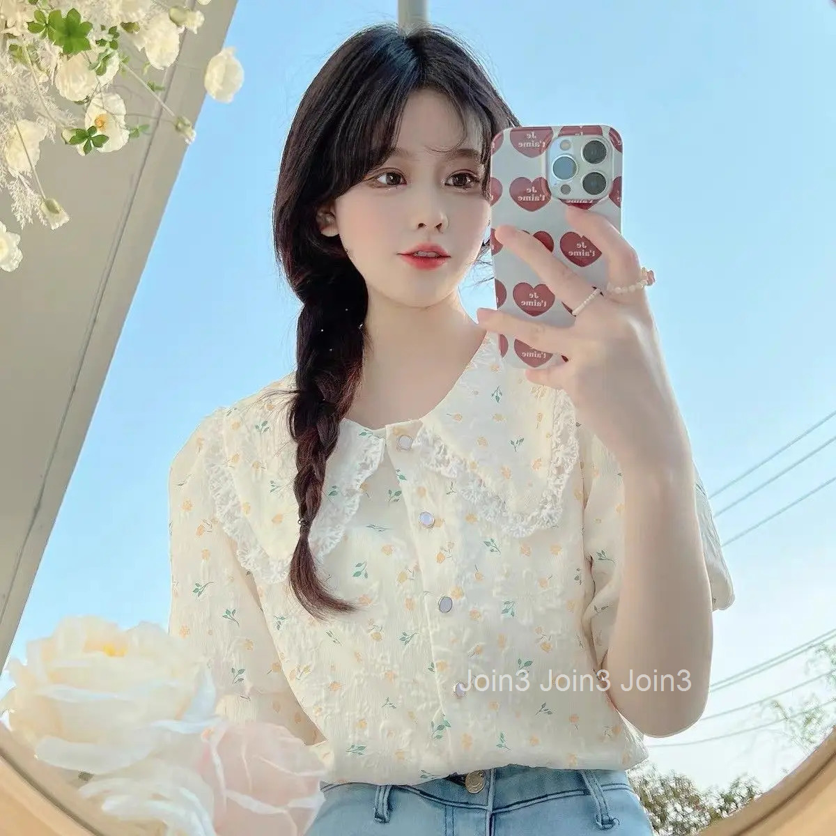 Womens Shirt Blouse Floral Clothes Printed Tops for Women Collar Cute and Elegant with Puffy Sleeves Sale of Korea Stylish M S