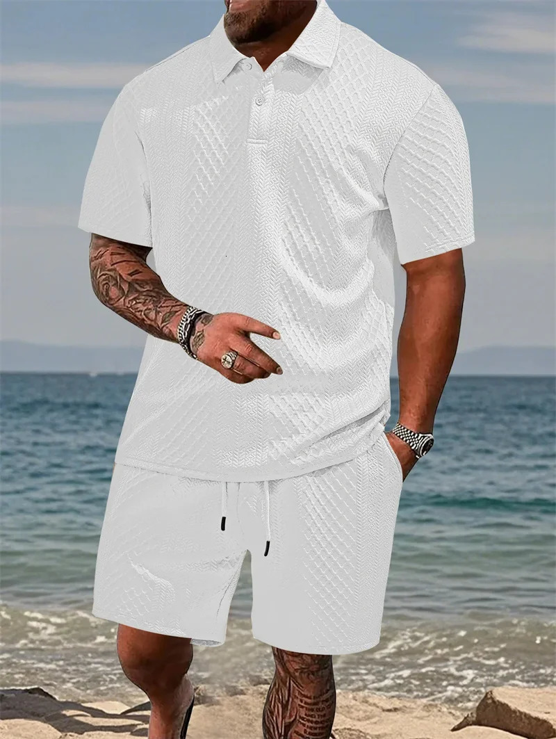 Summer Mens Casual Sportswear Polo Shirt Turnover collar Shortsleeved And Shorts Jacquard Texture Suit 250612