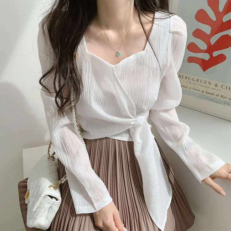 Tops for Women Elegant Social Clothes Korean Style Womens Shirt Blouse Spring Long Sleeve White Chic Streetwear S Pretty Cute