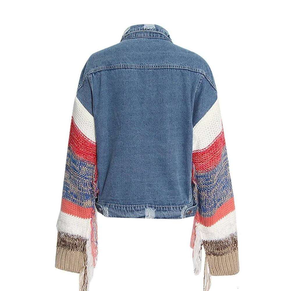 ROMISS Patchwork Knitted Denim Coats For Women Lapel Long Sleeve Hit Color Tassel Jackets Female Clothing Fashion Autumn 2024