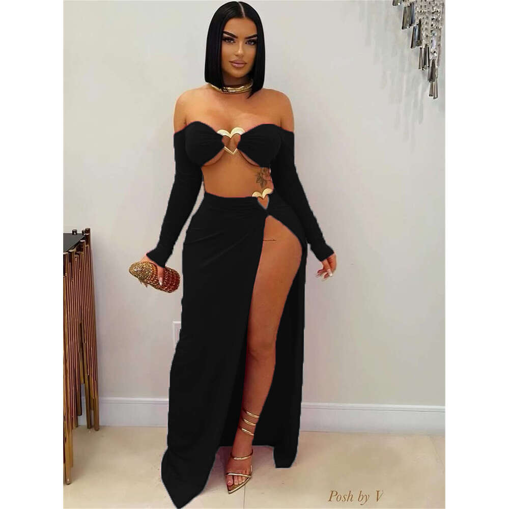 New Solid Color Sleeve Sexy Short Crop Top With Split Long Skirt Set For Women B5