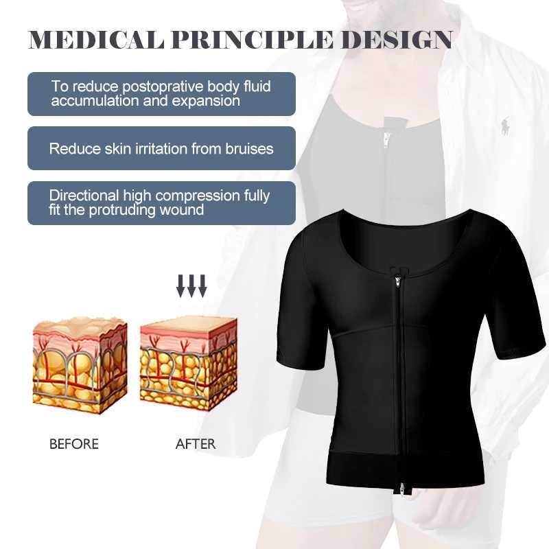 Men Slimming Tummy Control Body Shaper Post Op Surgery Gynecomastia Lipo Short Sleeve Vest Shapewear Top W250616