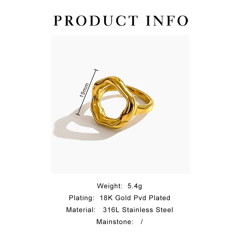 GHIDBK Vintage 18K Gold Plated Irregular Circle Melted Texture Detail Rings For Women Stainless Steel Waterproof Fashion Jewelry 250610