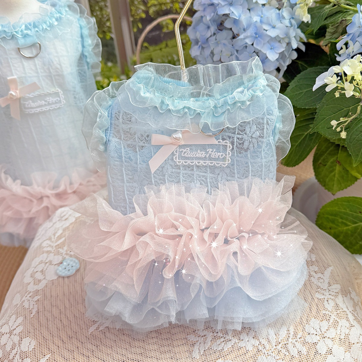 Gradient Gauze Lace Dog Dresses for Small Dogs Girl with D-Ring, Luxury Dog Party Dress with Multi-Layer Princess Tutu Skirt, Summer Embroidered Puppy