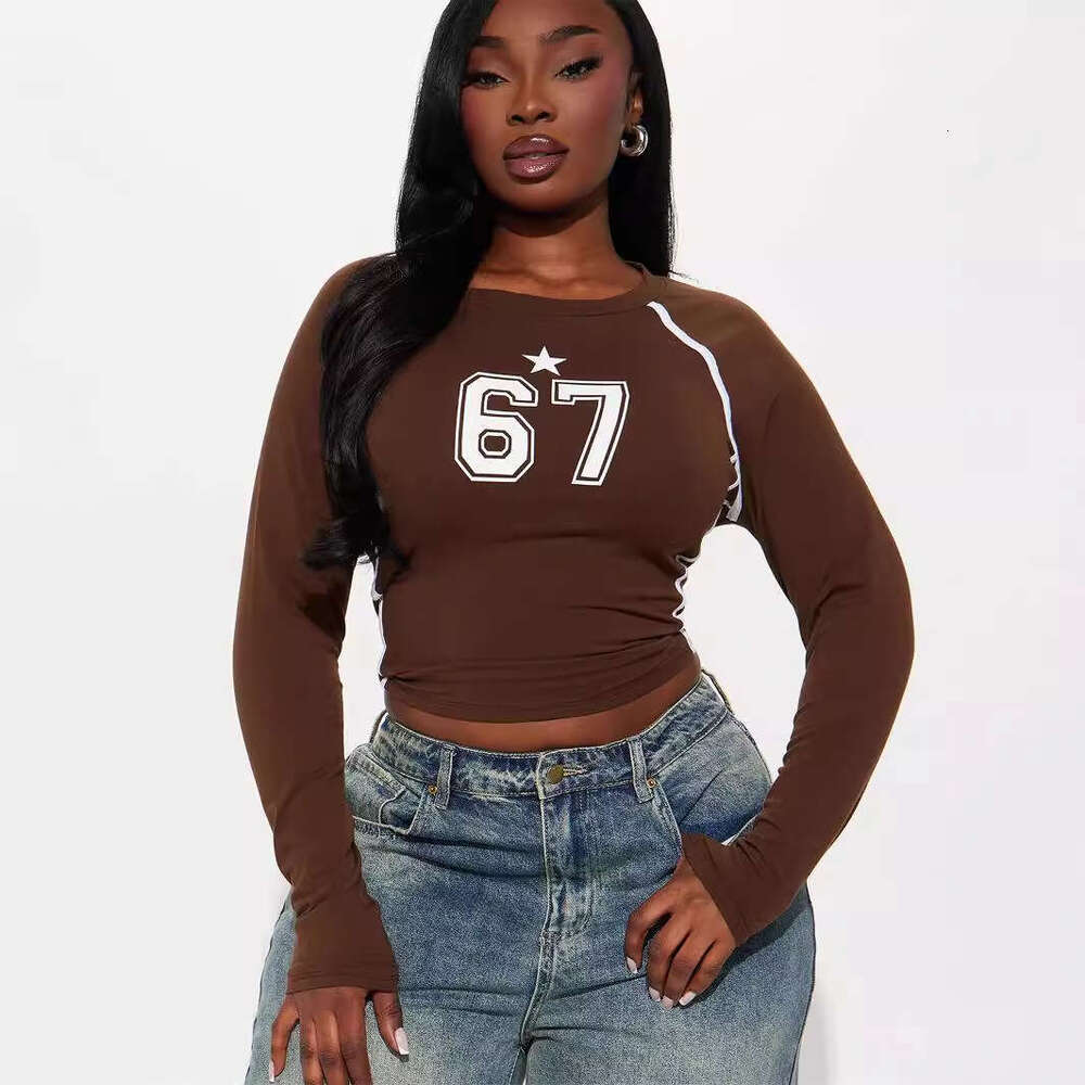 Autumn New Street Fashion Sports Stretch Simple Printed Long Sleeve Top For Women B5