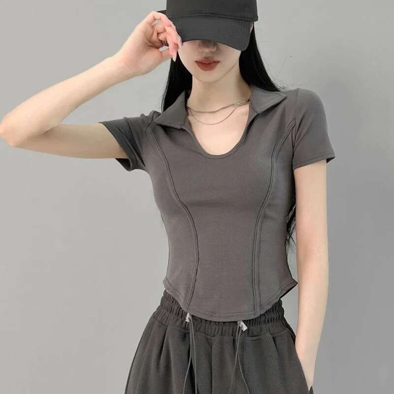 Polo Neck Shirt for Women Cotton Sexy Crop Top Woman T Coquette Clothes Plain New Basic Offer Comfortable Clothing Sales