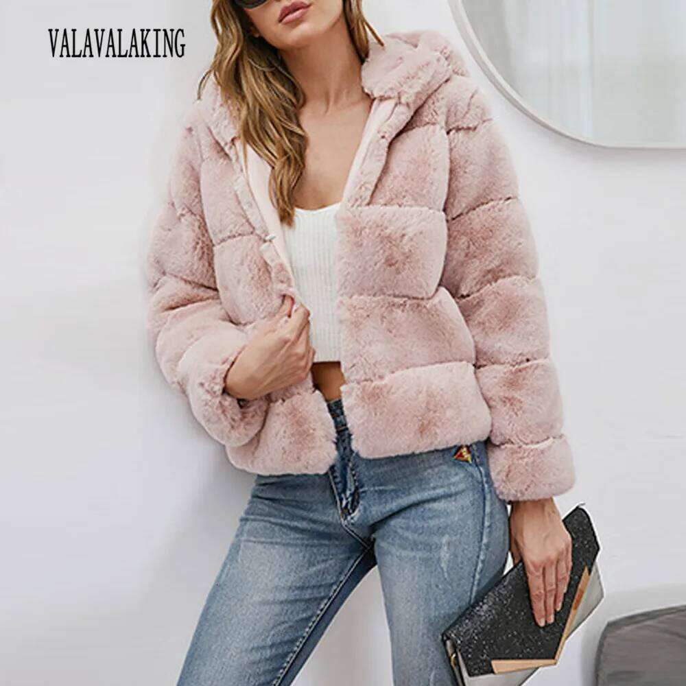 2025 Winter Plus Size Faux Fur Cropped Coat Hooded Long Sleeve Fluffy Jacket Lady Large Thick Warm Furry Cardigan Outwear