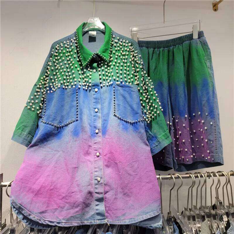 DEAT Women's 2 Piece Set Loose Pearls Gradient Tie-dye Coat Elastic Waist Denim Short Pants 2025 Summer New Fashion 29A1733