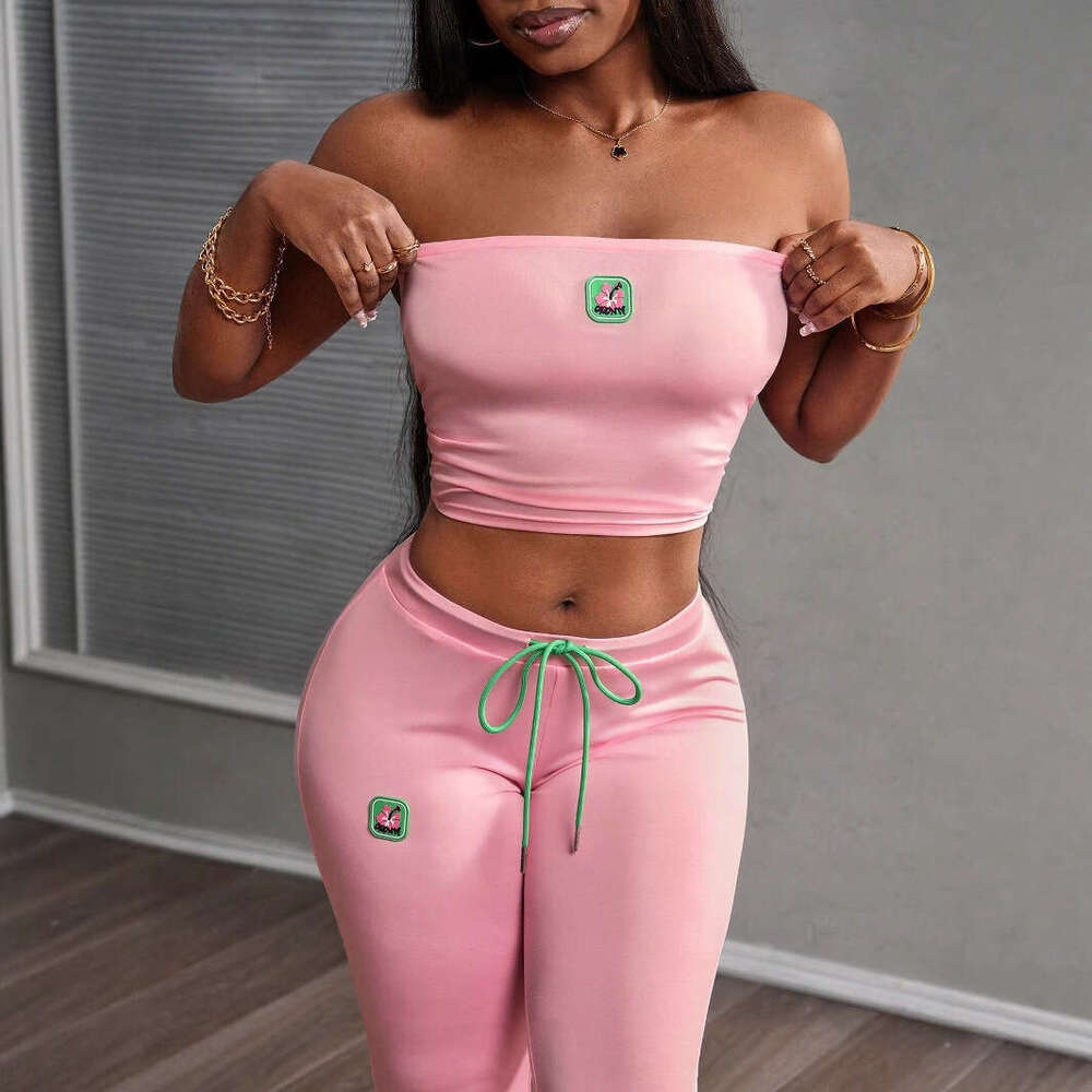 New Fashion Solid Color Embroidered Sleeveless Tube Top Sports Slim Fit Bodycon Long Pants Set For Women B5