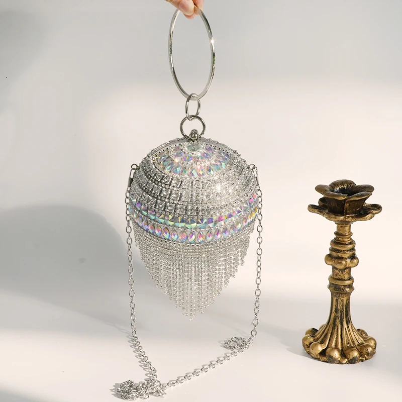 Chic Rhinestone Round Shape Tote Clutch Bag Diamond Tassel Evening Party Luxury Shining Ladies Handbags 250614