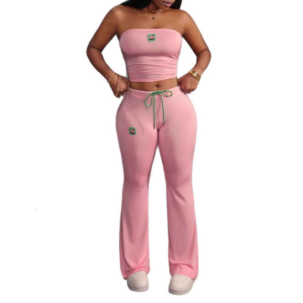 New Fashion Solid Color Embroidered Sleeveless Tube Top Sports Slim Fit Bodycon Long Pants Set For Women B5