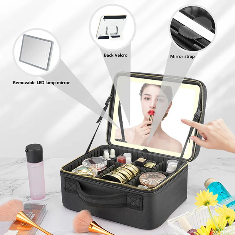 Smart LED Cosmetic Case With Mirror Travel Makeup Bag Large Capacity Female Beautician Skincare Product For Women 250616