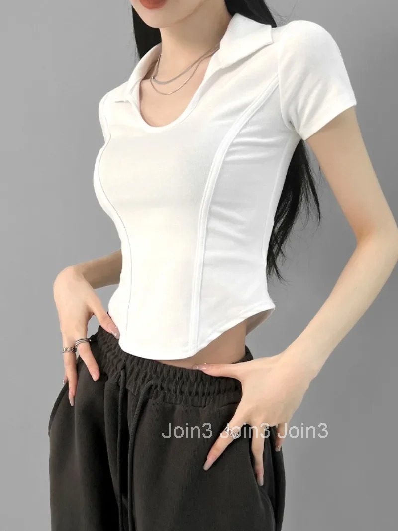 Polo Neck Shirt for Women Cotton Sexy Crop Top Woman T Coquette Clothes Plain New Basic Offer Comfortable Clothing Sales
